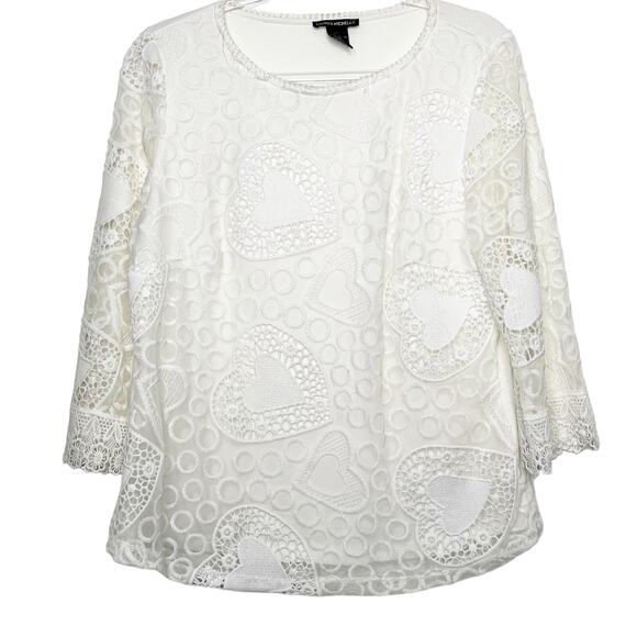 LAUREN MICHELLE Heart Lace Blouse 3/4 Sleeve Scoop Neck Sheer Mesh White Size M - Picture 2 of 6